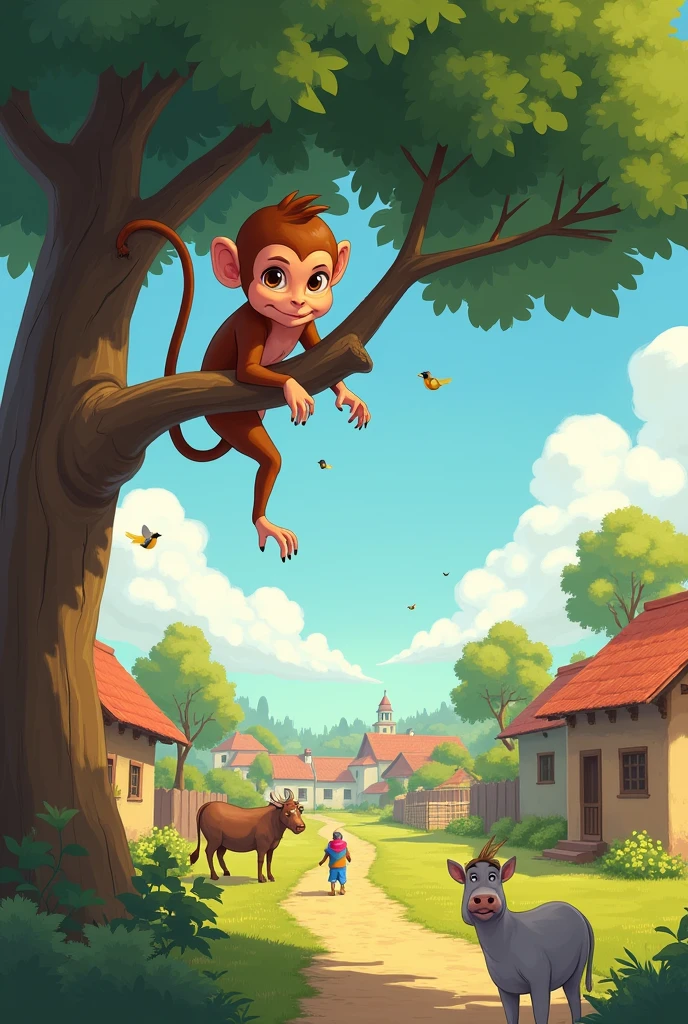 /imagine Village Scene with a Mischievous Monkey:
"A small village with simple houses and trees. In the foreground, a mischievous little monkey named Neemoo is seen climbing a tree, looking playful and energetic. Other animals like a cow, goat, and birds are watching him from a distance, looking slightly annoyed, -- 3:2