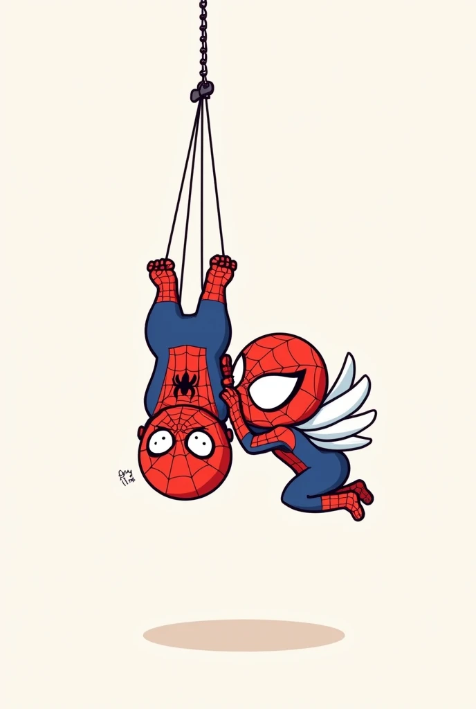 Baby Spiderman hanging from a web upside down with his face covered and looking forward with his feet up, Her two hands holding the spider web and her feet too and her head down and winged standing spiderman baby woman with her face covered giving a kiss on the cheek to baby spiderman all animated that it is a drawing that I can draw THAT IT IS A KAWAII DRAWING