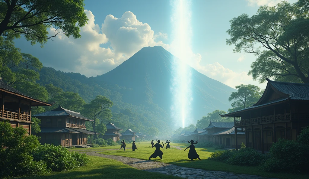 Village from ancient Ternate island, Maluku, Indonesia with an abstract white light on the top of the mountain that stretches straight towards the sky, you can see many ancient warriors practicing war