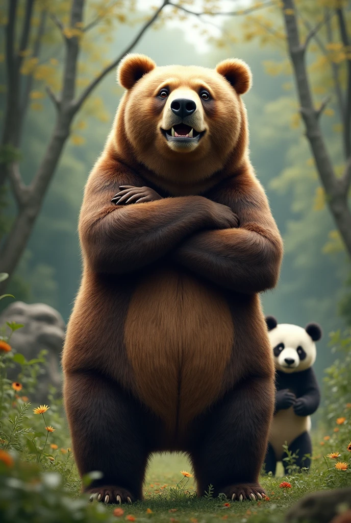 Ultra-realism、masterpiece、Highest quality、Film Grain、Spectacular views、(((Bear、Higuma、zoo、着ぐるみを着た人みたいなBear、Have arms crossed、grin、Standing with your legs apart)))、BREAK、(There is a panda behind the bear、far and near methodで後ろにいるPandas are small)、The panda is glaring resentfully.:1.5、Pandas are small、far and near method