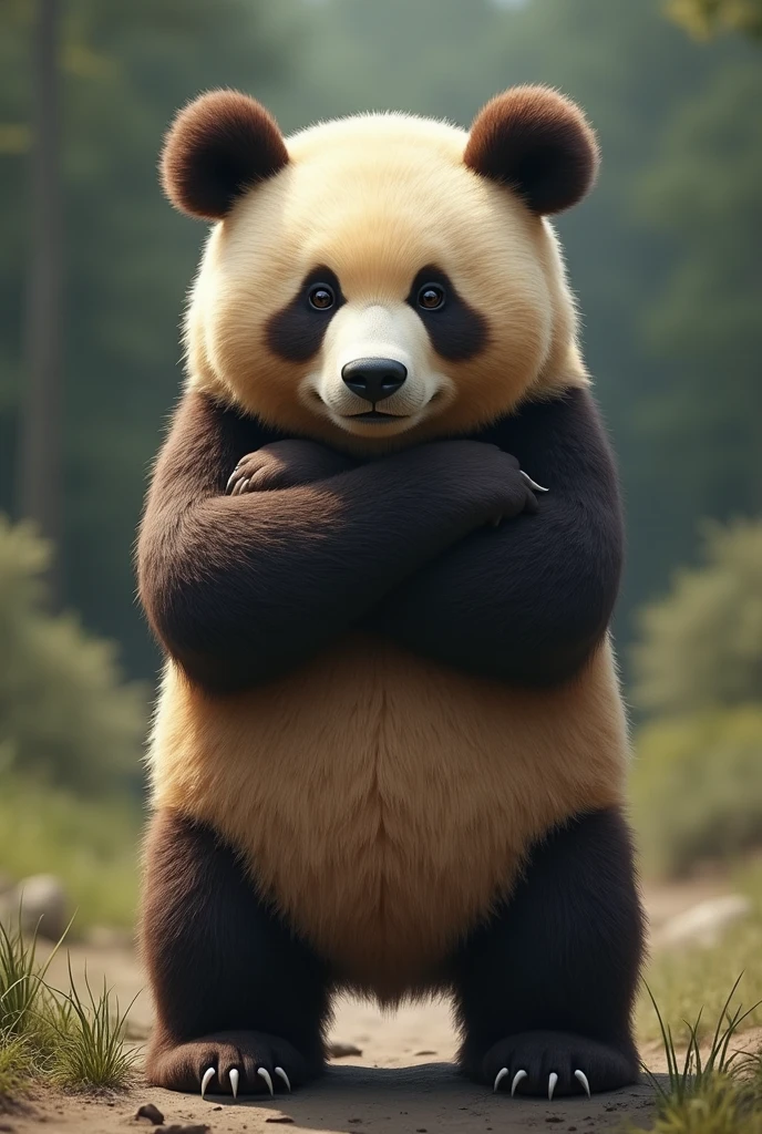 Ultra-realism、masterpiece、Highest quality、Film Grain、Spectacular views、(((Bear、Higuma、zoo、着ぐるみを着た人みたいなBear、Have arms crossed、grin、Standing with your legs apart)))、BREAK、(There is a panda behind the bear、far and near methodで後ろにいるPandas are small)、The panda is glaring resentfully.:1.5、Pandas are small、far and near method
