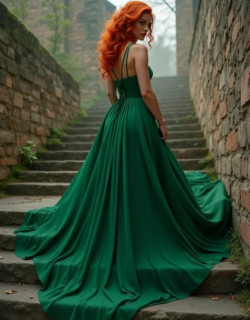  A red-haired woman in an emerald green dress poses dramatically on an ancient staircase. The photograph, in photorealistic style and 8K, accentuates the contrast between the vibrant green and the worn texture of the stones, creating a high fashion scene with an aura of mystery.