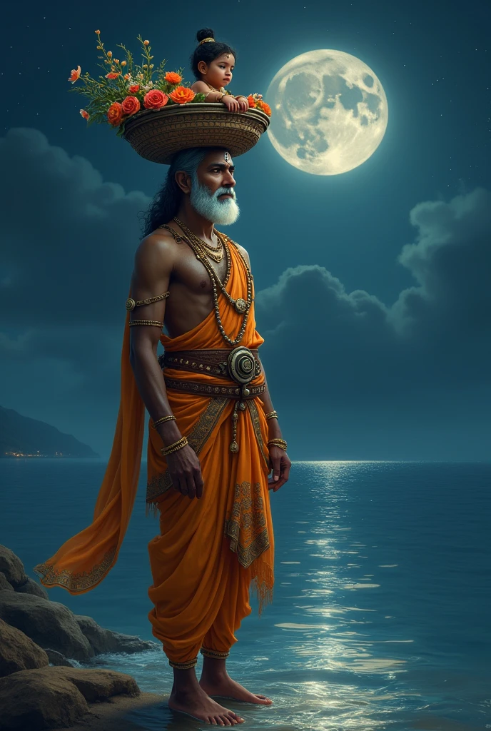  vasudev god in a traditional outfit, standing in a body of  sea night and holding a basket on the head with  Krishna god .