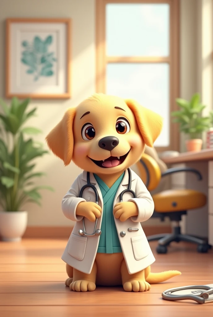 Yellow labrador retriever puppy wearing a dentist uniform in a clinic