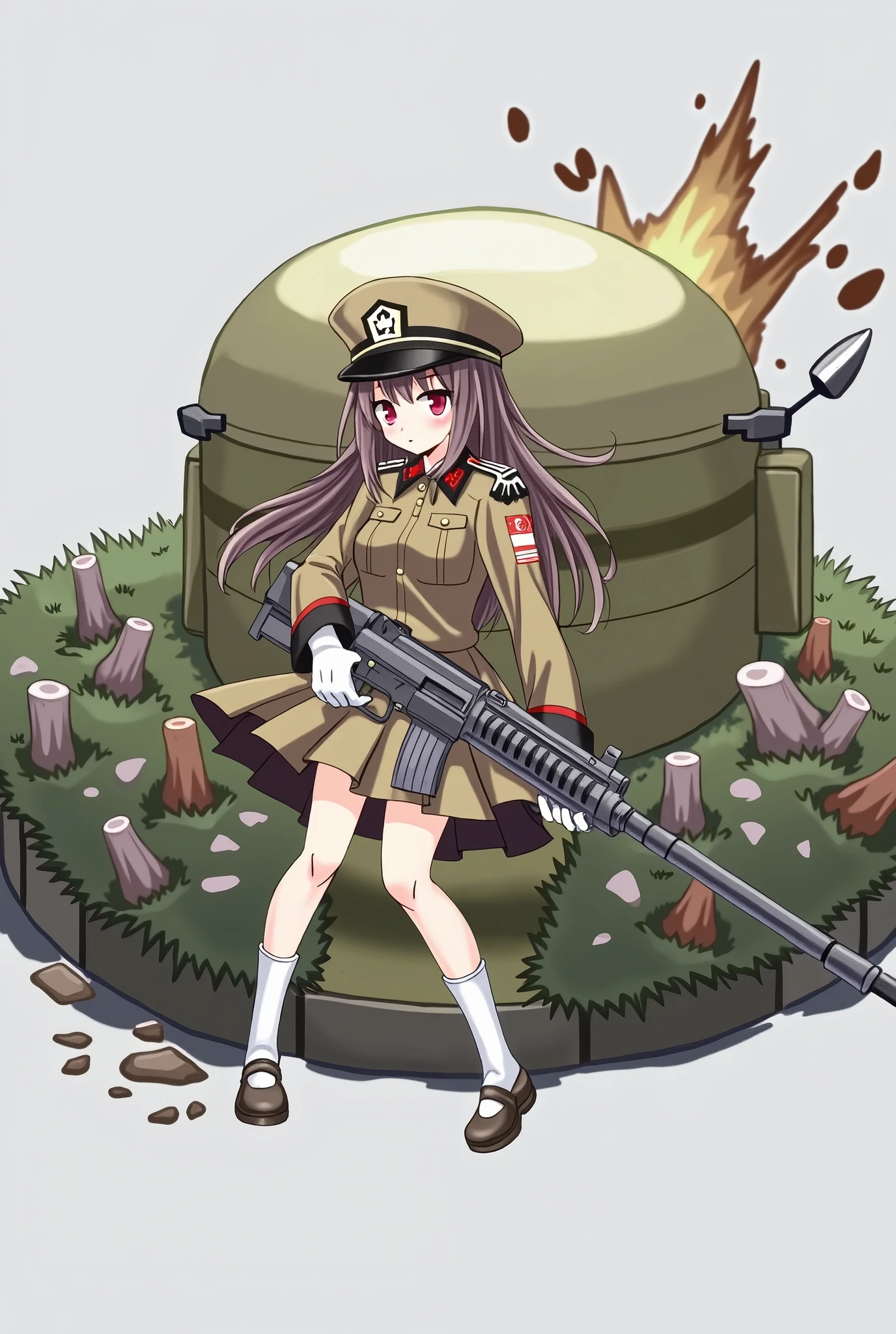 anime girl in uniform with a gun and a hat anime maid nazi ss military with rifle, 1girl, solo, blush, bangs, skirt, simple background, shirt, black hair, red eyes, gloves, long sleeves, hat, white background, holding, closed mouth, standing, jacket, full body, weapon, shoes, socks, white gloves, black footwear, holding weapon, uniform, gun, military, military uniform, white socks, holding gun, armband, rifle, brown skirt, brown jacket, military hat, brown headwear, assault rifle, brown shirt, anime style, from girls frontline, fine details. girls frontline, girls frontline universe, girls frontline style, girls frontline, girls frontline cg, soft anime illustration, 2 0 2 2 anime style, 2022 anime style, pixiv contest winner, pretty anime character design, render of april