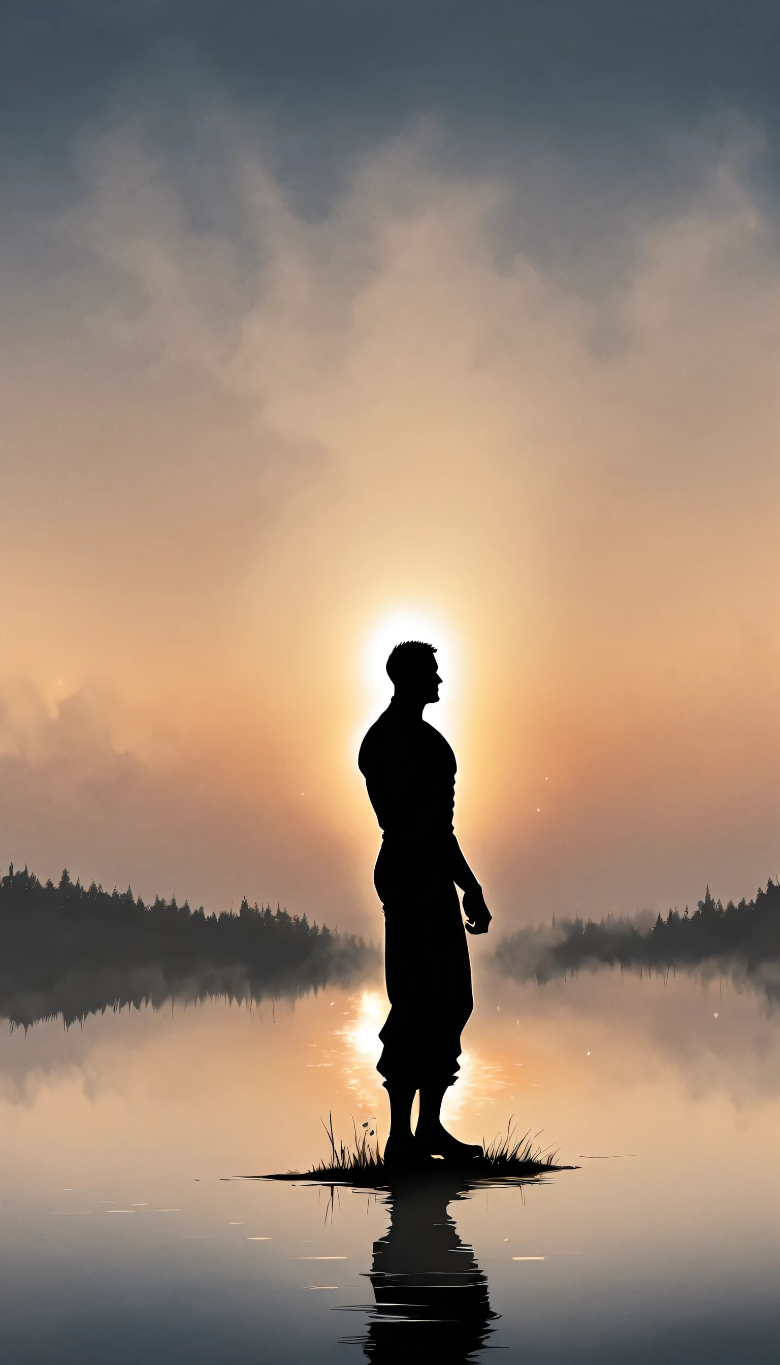 A Strong Buddhist muscular man stands in the smoke, loneliness, Black jumpsuit, Very tight, Silhouette effect, Tall muscular man, Priapus, Dark Black, Dark black skin, Buzz Cut, His muscles are very developed, Very tall, short hair, Blend into the smoke, Lake, Reflection, Sunset, Sunset, Man silhouette, Chinese, black and white, Simple style