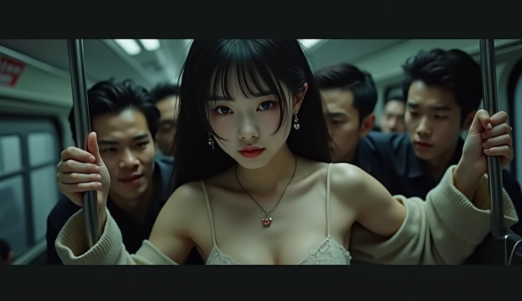 (32K:1.9, Horror depictions:1.9, Highest quality, masterpiece, Ultra-high resolution, Professional random angle camera work:1.5, Very detailedな肌と顔の質感:1.4), Always accurate, Very detailed, bag, (Cute Japanese Woman, Camisole dress and cardigan:1.6, Incredibly slim body:1.3, areola is not visible:1.4, Big breasts on the verge of collapse), ((Crowded train:2.0, Crazy behavior:1.9, in the train、Three young men hugging a woman from behind:1.7)), belt, Fair skin, elegant, sense of cleanliness, Thin eyebrows, (cry:1.0, Puzzled:1.0, A look that shows deep contempt for you:1.0, Big eyes that exude beautiful eroticism:0.4, Please open your mouth a little, lipstick, Feel the beautiful eroticism:1.0, Dark brown medium hair), Earrings, necklace, bracelet, romantic, mysterious, Object of admiration, original, dramatic, artistic, Innovative, charm, Heartful, Fancy, Tilt, sense of loss, special, ((exciting, Extreme, sense of openness, suffering, sufferingの表現)), ((Mistakes of Youth, 女性的なcharm))