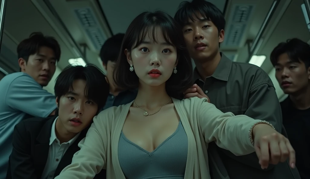 (32K:1.9, Horror depictions:1.9, Highest quality, masterpiece, Ultra-high resolution, Professional random angle camera work:1.5, Very detailedな肌と顔の質感:1.4), Always accurate, Very detailed, bag, (Cute Japanese Woman, Camisole dress and cardigan:1.6, Incredibly slim body:1.3, areola is not visible:1.4, Big breasts on the verge of collapse), ((Crowded train:2.0, Crazy behavior:1.9, in the train、Three young men hugging a woman from behind:1.7)), belt, Fair skin, elegant, sense of cleanliness, Thin eyebrows, (cry:1.0, Puzzled:1.0, A look that shows deep contempt for you:1.0, Big eyes that exude beautiful eroticism:0.4, Please open your mouth a little, lipstick, Feel the beautiful eroticism:1.0, Dark brown medium hair), Earrings, necklace, bracelet, romantic, mysterious, Object of admiration, original, dramatic, artistic, Innovative, charm, Heartful, Fancy, Tilt, sense of loss, special, ((exciting, Extreme, sense of openness, suffering, sufferingの表現)), ((Mistakes of Youth, 女性的なcharm))