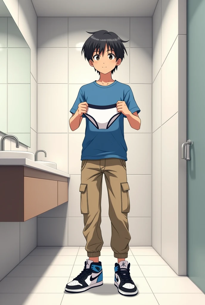 into the image, a cool male teenager with 1,80 tall, with white skin and straight black hair, is posing in a bathroom. He wears a blue t-shirt and beige cargo pants., complemented by a pair of Air Jordan sneakers in blue, black andwhite. The young man is holding a pair of underwear (of the boxer model), this underwear is white (of the size he uses) with both hands, showing it to the "Camera", with a happy and relieved expression. The bathroom in the background is modern and minimalist., with details like a large mirror and light tiles. The teenager&#39;s expression is relaxed and fun, besides him appearing relieved, giving a casual and informal tone to the image, In anime style, ele segura uma 1 cueca of the boxer model de tamanho que esse adolescente usa, He&#39;s not wearing any underwear and looks like he just took it off.!