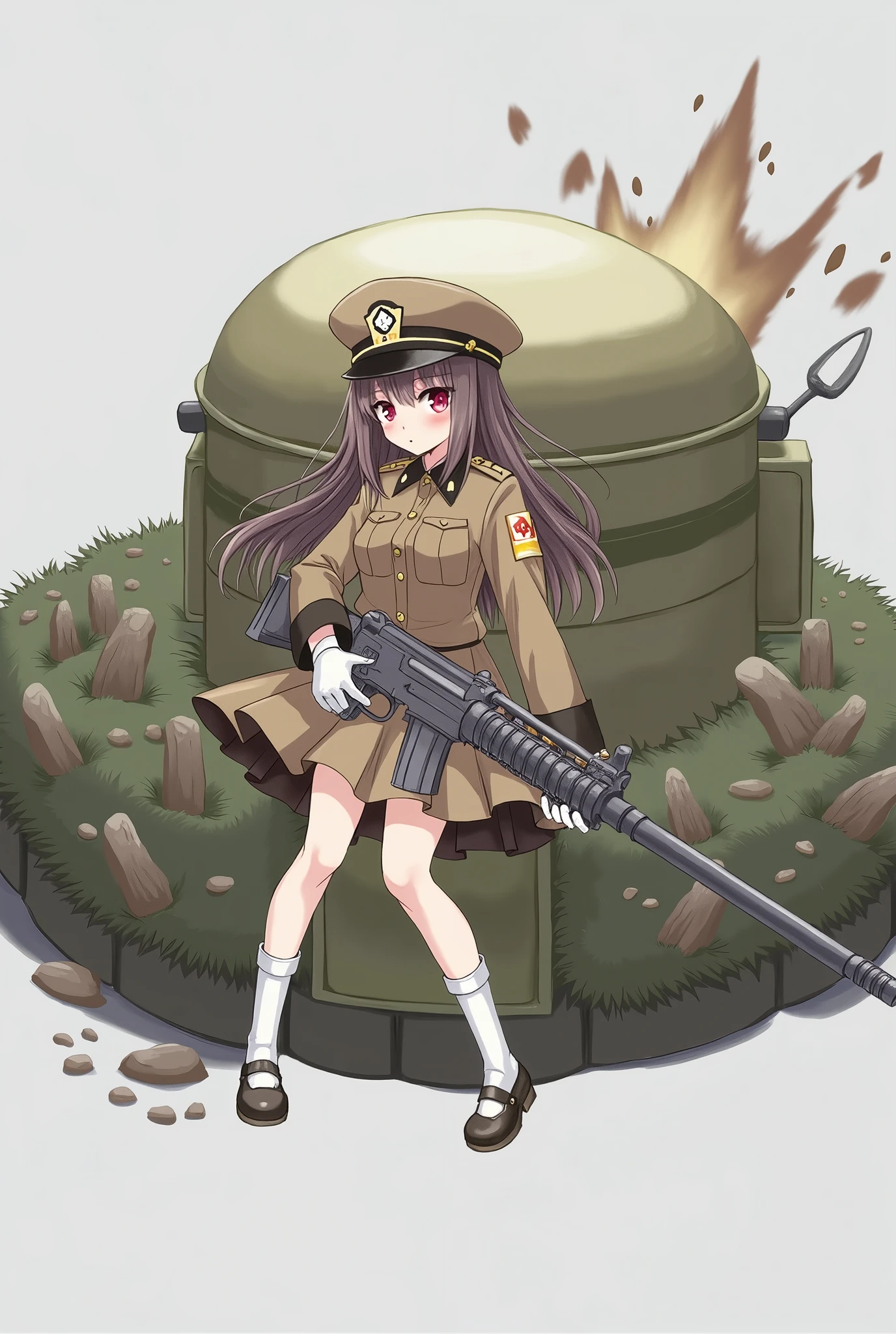 anime girl in uniform with a gun and a hat anime maid nazi ss military with rifle, 1girl, solo, blush, bangs, skirt, simple background, shirt, black hair, red eyes, gloves, long sleeves, hat, white background, holding, closed mouth, standing, jacket, full body, weapon, shoes, socks, white gloves, black footwear, holding weapon, uniform, gun, military, military uniform, white socks, holding gun, armband, rifle, brown skirt, brown jacket, military hat, brown headwear, assault rifle, brown shirt, anime style, from girls frontline, fine details. girls frontline, girls frontline universe, girls frontline style, girls frontline, girls frontline cg, soft anime illustration, 2 0 2 2 anime style, 2022 anime style, pixiv contest winner, pretty anime character design, render of april