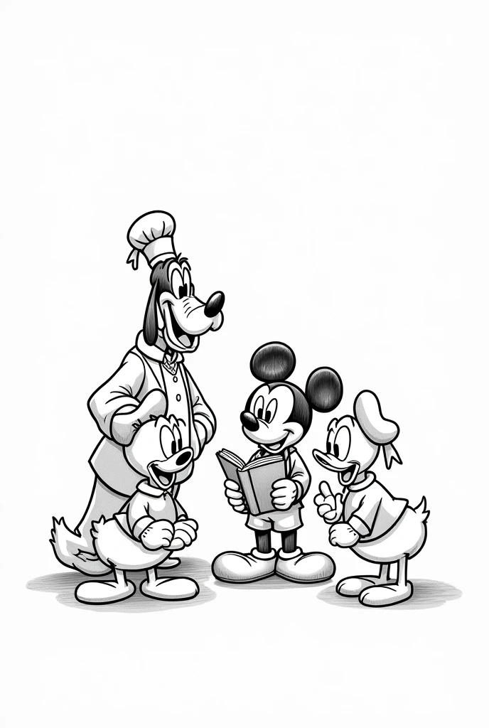 Create an illustration for children'Boken para colorir, which can be used in the Zara store. Deixe as roupas e o fundo uncolored., so that children can color them to their liking. Mickey reading the holy bible to goofy and donald duck. Full-body image. white background, with nothing. Imagem uncoloredes, disney pixar style drawing. Masterpiece artwork, best qualityer, hight contrast, uncolored, Boken , style cartoon, Sketch style, black and white without shading, uncolored, no shadow, style cartoon, line art,