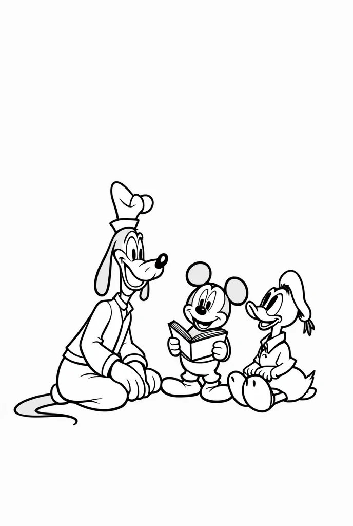 Create an illustration for children'Boken para colorir, which can be used in the Zara store. Deixe as roupas e o fundo uncolored., so that children can color them to their liking. Mickey reading the holy bible to goofy and donald duck. Full-body image. white background, with nothing. Imagem uncoloredes, disney pixar style drawing. Masterpiece artwork, best qualityer, hight contrast, uncolored, Boken , style cartoon, Sketch style, black and white without shading, uncolored, no shadow, style cartoon, line art,