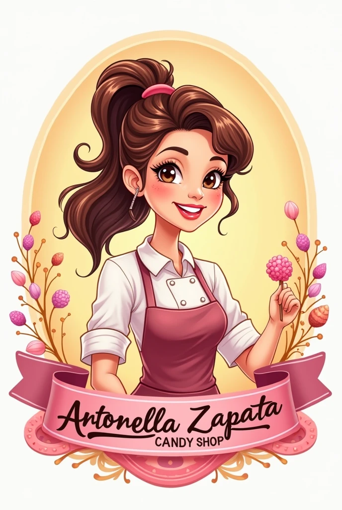 Create a logo of a girl pastry chef, brunette with a ponytail and black hair, the business is called "Antonella Zapata Candy Shop"