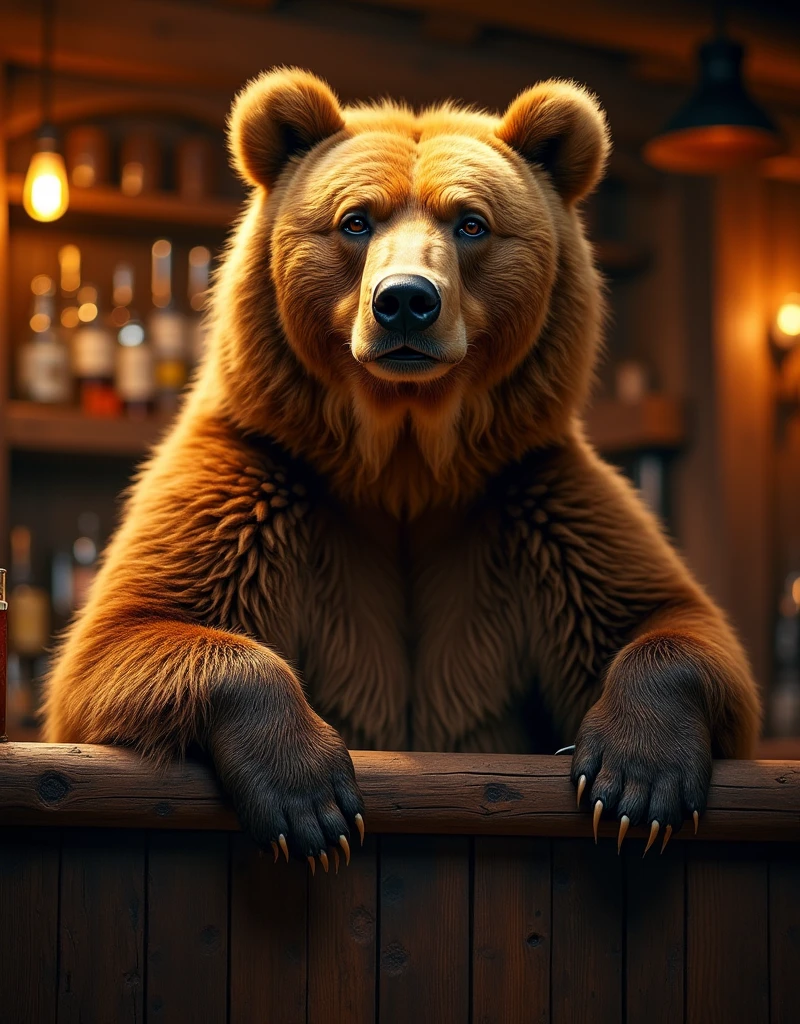 A rugged bear stands confidently behind a wooden bar, its fur a warm honey-brown color in the soft golden light of the dimly lit tavern. The camera captures a low-angle shot, emphasizing the bear's stature as it surveys the rustic surroundings, paws resting on the worn wood.