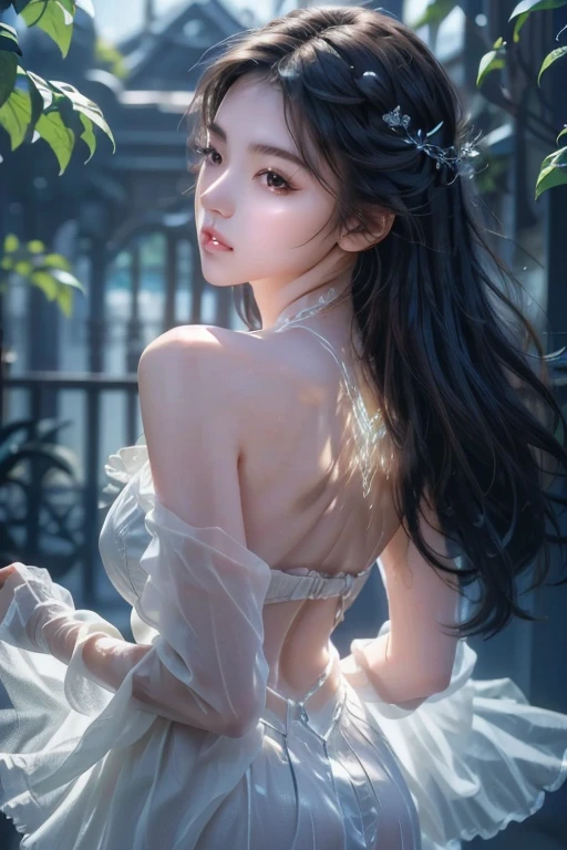 masterpiece, best quality, Very detailed, Best shadow, Facial details are exquisite, Attention to detail, High contrast, A girl, Black off-the-shoulders, (Face Focus:1.3, Eye close-up:1.3), ((From the back:1.3)), butt,Cute face、Innocent face、Realistic skin、Noble expression