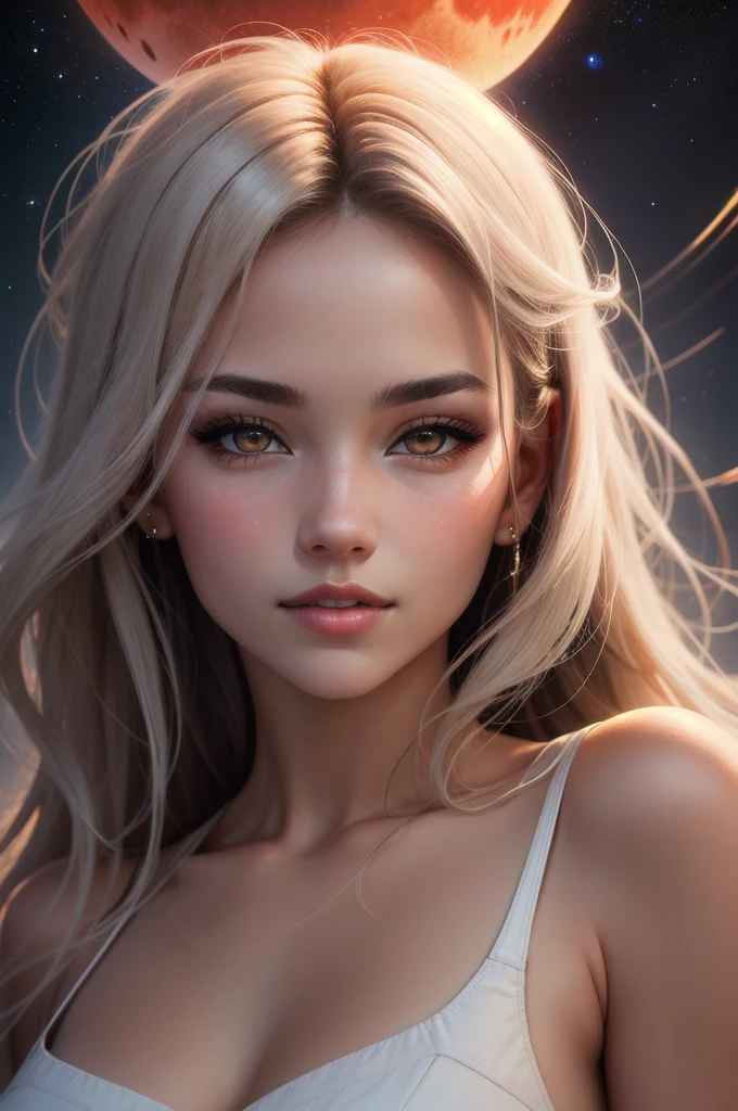 1girl, beautiful face, ((white eyes)), sexy pose, Red moon in the background, stars, space, (lightroom:1.13), soft light, (natural skin texture:1.2), (hyperrealism:1.2), sharp focus, focused,[[realistic]]