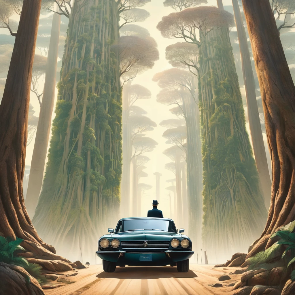A mysterious work of art depicting a surreal landscape with drivers towering like trees. The driver's handle is intricately carved., It reveals hidden stories and symbols that only those who can decipher them can decipher.., 4K, depth of field, intricate details, masterpiece, Dynamic configuration,
