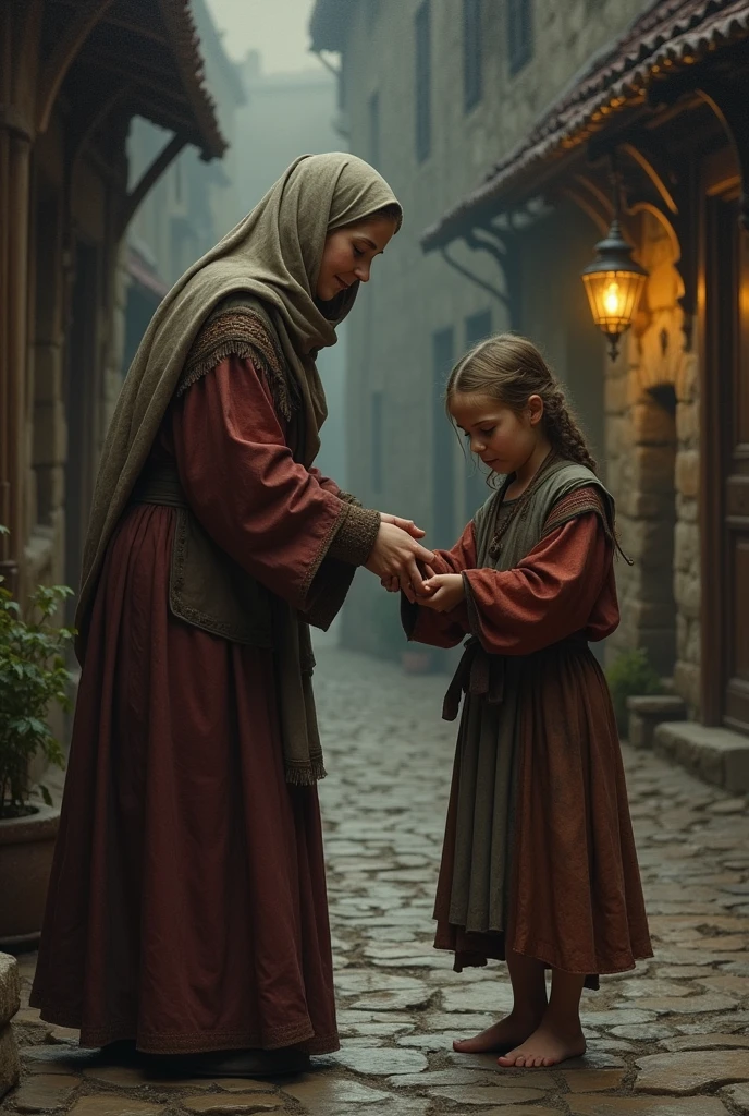 woman offering help to a poor girl in the middle ages