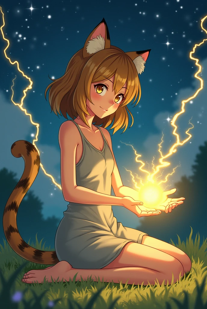 Girl between 12 and  with light brown hair and honey-colored eyes, con orejas y cola de leopardo 🐆 sentada de rodillas con un vestido gris en un prado con cielo estrellado controlando rayos amarillos al estilo anime 