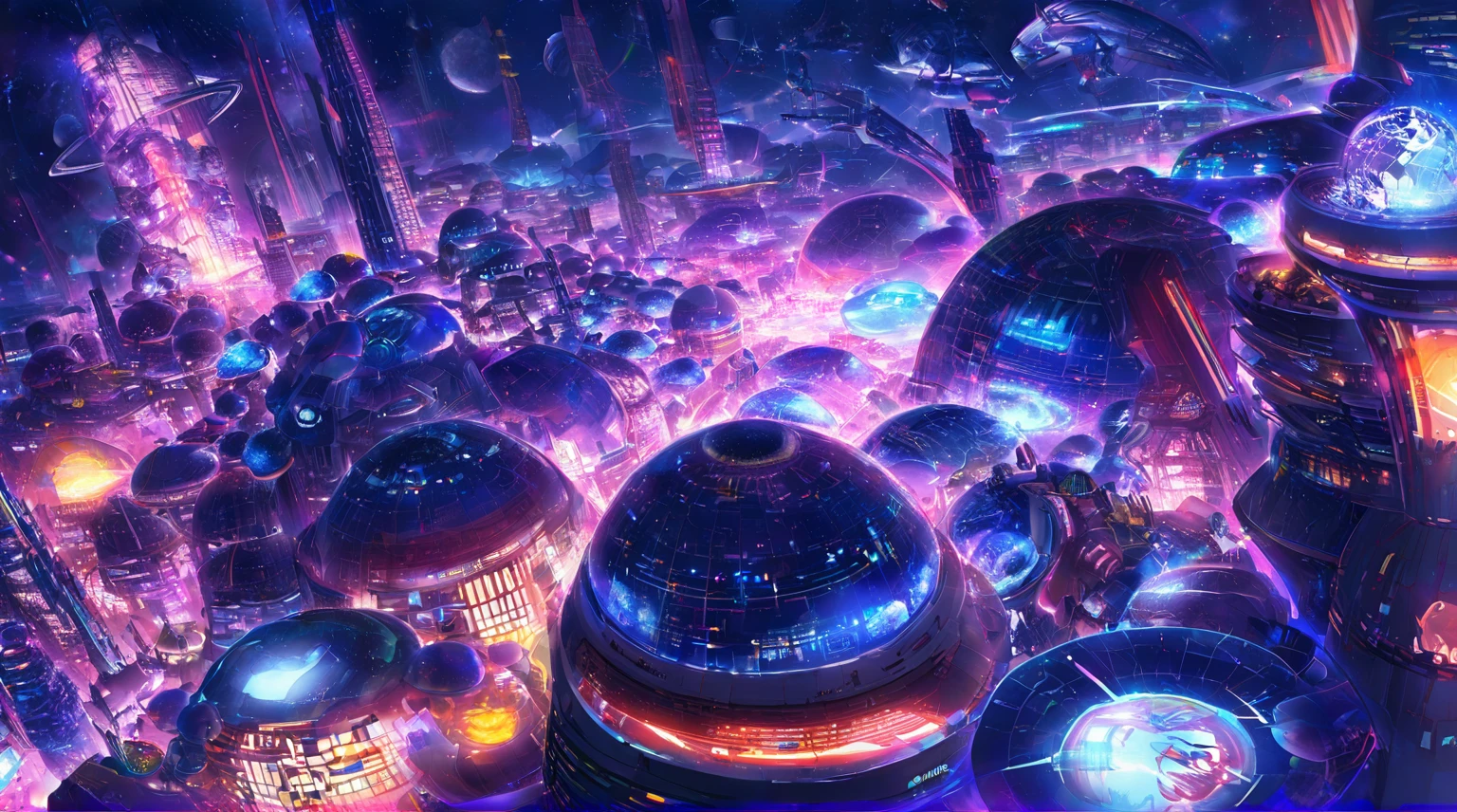 Future City Building,Tall buildings tower,The main building is the highest,night,Outer Space,spacecraft,Space base station,Planet Earth,Sci-fi style,Vertical composition,Interstellar background,Ultra wide-angle lens,Night lighting,spacecraft悬浮,Space base station连接,Planet Earth远景,Cool colors,Mystery。