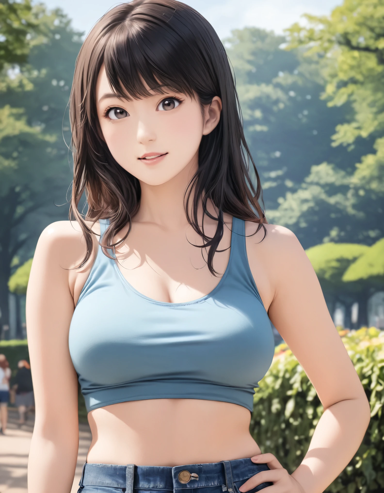 (best quality:1.2), 1girl, Ueno park, tank top, hot pants