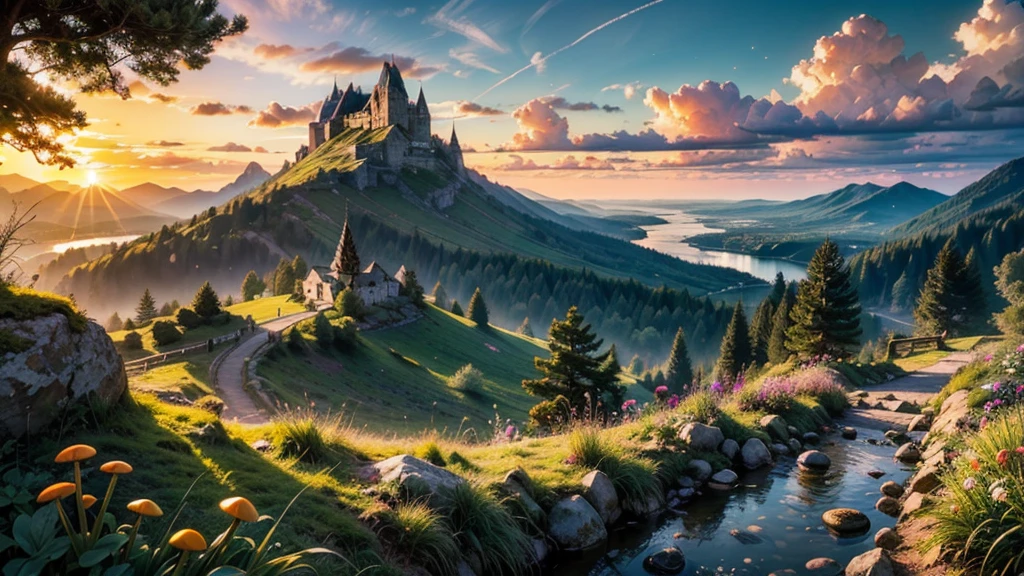 fairytale view with fantasy guard towers along a dramatic mountain range, rocks plants flowers shrubs bushes trees moss stream lawns grass mushrooms fireflies,colourful sunset and strong sunbeams,very hazy,extreme details,photorealistic,4k,HD,beautiful,nature, dreamy, low shot,ground level photo, good luminosity