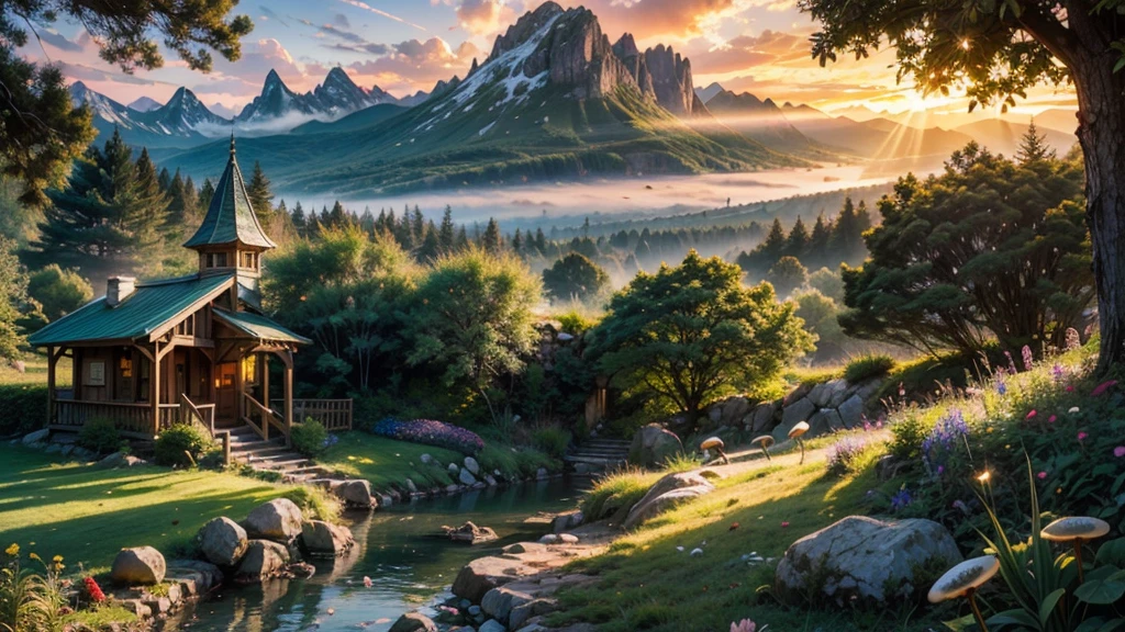 fairytale view with fantasy guard towers along a dramatic mountain range, rocks plants flowers shrubs bushes trees moss stream lawns grass mushrooms fireflies,colourful sunset and strong sunbeams,very hazy,extreme details,photorealistic,4k,HD,beautiful,nature, dreamy, low shot,ground level photo, good luminosity