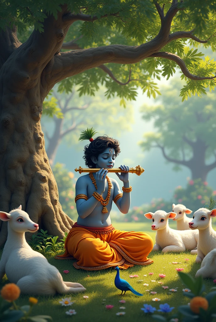 Lord small Krishna sitting under a tree playing flute, cow calves, peacocks,Birds and man sit dancing around Lord Krishna