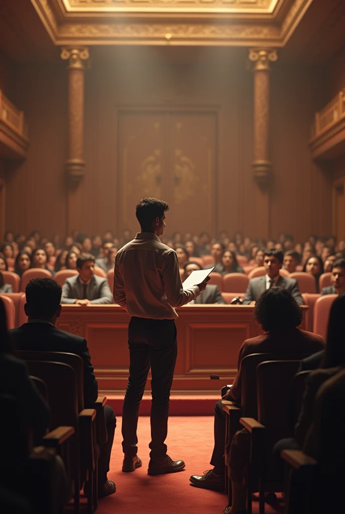 Rahul standing nervously but confidently in front of a group of judges and an audience in a large hall or auditorium. He is presenting his written piece with a focused expression.