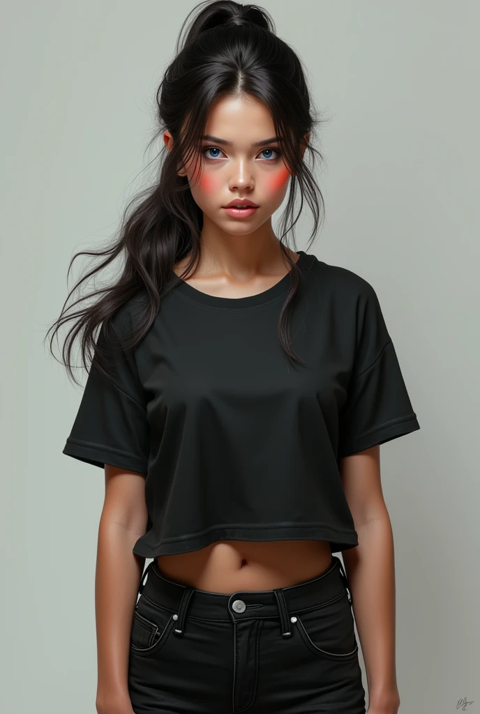 A girl,realista, Ultra-detalhado, ultra Realistic, with attitude in his blue eyes have long hairs tied up wearing black shirt and black jeans
