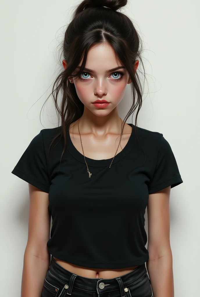 A girl,realista, Ultra-detalhado, ultra Realistic, with attitude in his blue eyes have long hairs tied up wearing black shirt and black jeans