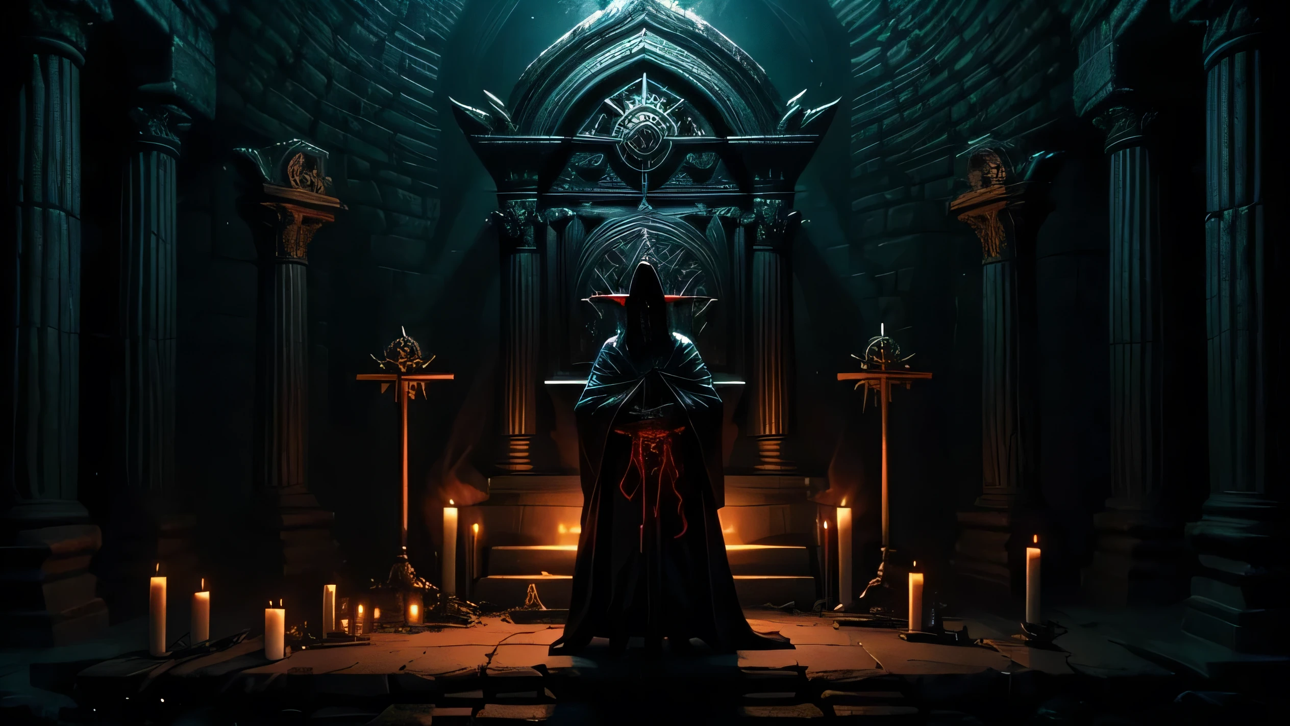"A dark and intense scene depicting Agahnim from The Legend of Zelda performing a sacrificial ritual at an ancient altar, dedicated to Ganon. The focus is on the dramatic and ominous aspects of the ritual.
Agahnim stands imposingly at the altar, dressed in his dark robes adorned with arcane symbols that seem to pulse with malevolent energy. His expression is one of grim determination, with eyes glowing brightly, reflecting the dark magic he is wielding.
The altar itself is a large, ancient stone structure, covered in dark, mystical runes and surrounded by flickering torches or magical flames. On the altar lies the sacrificial offering, possibly a bound figure or a ceremonial object, bathed in a sinister light. The scene conveys a sense of dread and foreboding, with shadows and dark energies swirling around the altar.
In the background, faint, spectral images or symbols representing Ganon might be visible, emphasizing the sacrificial act’s purpose. The chamber or cavern is dimly lit, with ancient stone walls and arcane symbols etched into them, enhancing the dark and ritualistic atmosphere of the scene.
The overall effect captures the gravity and malevolence of Agahnim’s actions, illustrating the dark sacrifice being made to appease or invoke the power of Ganon."