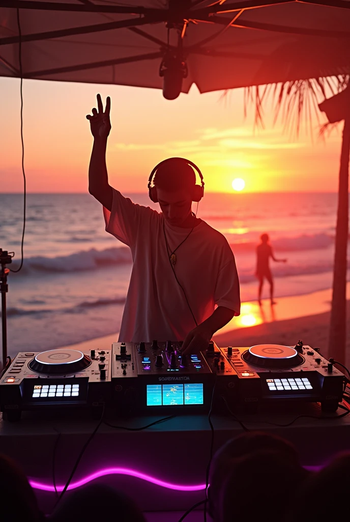 a DJ playing music at sunset on a beach, hand raised, manipulating sound equipment, stunning ocean view, golden hour lighting, vibrant colors, cinematic composition, detailed intricate machinery, glowing electronic displays, mesmerizing dance party atmosphere, photorealistic, hyper detailed, 8k, masterpiece
