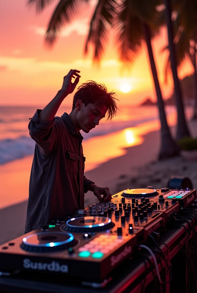 a DJ playing music at sunset on a beach, hand raised, manipulating sound equipment, stunning ocean view, golden hour lighting, vibrant colors, cinematic composition, detailed intricate machinery, glowing electronic displays, mesmerizing dance party atmosphere, photorealistic, hyper detailed, 8k, masterpiece