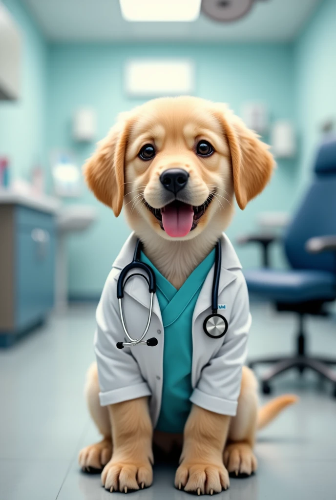 One-year-old yellow Labrador retriever puppy wearing a dentist&#39;s uniform in a clinic 