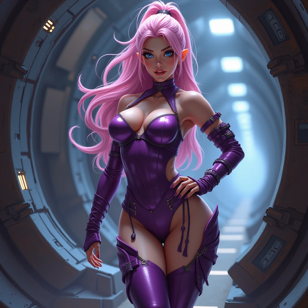 (Best quality, High resolution, Highly detailed, Actual), (pink Long wave Hair), (ponytail 1:2), (({Huge|Giant|Huge|Huge|Mega|Fake} breasts pushed up)), (One piece lingerie style outfit made of shiny rubber/latex with thigh high boots attached to the rest of the outfit with garters: 1.4), (purple bra: 1.4), purple latex stockings, and open purple high heel boots, (Background inside a spaceship: 1.4), (strong muscles on arms), (strong abdominal muscles), (athletic body), epic fantasy art style hd, 4K fantasy art, epic fantasy digital art style, epic fantasy art style, Fantasy Woman, epic fantasy art portrait, epic fantasy style, hyperrealistic fantasy art, fantasy art hd, epic fantasy character art, epic fantasy art, in dark fantasy art style, epic English: fantasy digital art, high quality, (raw photo, best quality), (realistic, Photorealistic: 1.4), (very nice and Beautiful: 1.4), Amazing, fine detail, masterpiece, Very detailed, high resolution, best illustration, best shadow, intricate, (very intricate: 1.2), (very detailed skin), cinematic light, Perfect anatomy, (cool color: 1.4), Sharp focus, 8K UHD, DSLR, (Fujifilm XT3), (cowboy pose: 1.4), (cinematic lighting: 1.4), (bright color: 1.4), (Cindy Aurum Fantasy best quality: 1.4, realistic photographer: 1.4, skin texture: 1.4, master work: 1.8, master work, best quality, Object Object], (facial detail features: 1.3), (correct proportions), (beautiful light blue eyes), (((85mm F/1.4)), (purple bikini bra: 1.4), ((vaquero pose: 1.4)),(medium body pose), (Alexandra Daddario :V2.1 ), (perfect detailed anatomy :1.4), (white transparent plastic mechanical cyborg :1.4), (transparent plastic cyborg mechanical assembly :1.4)