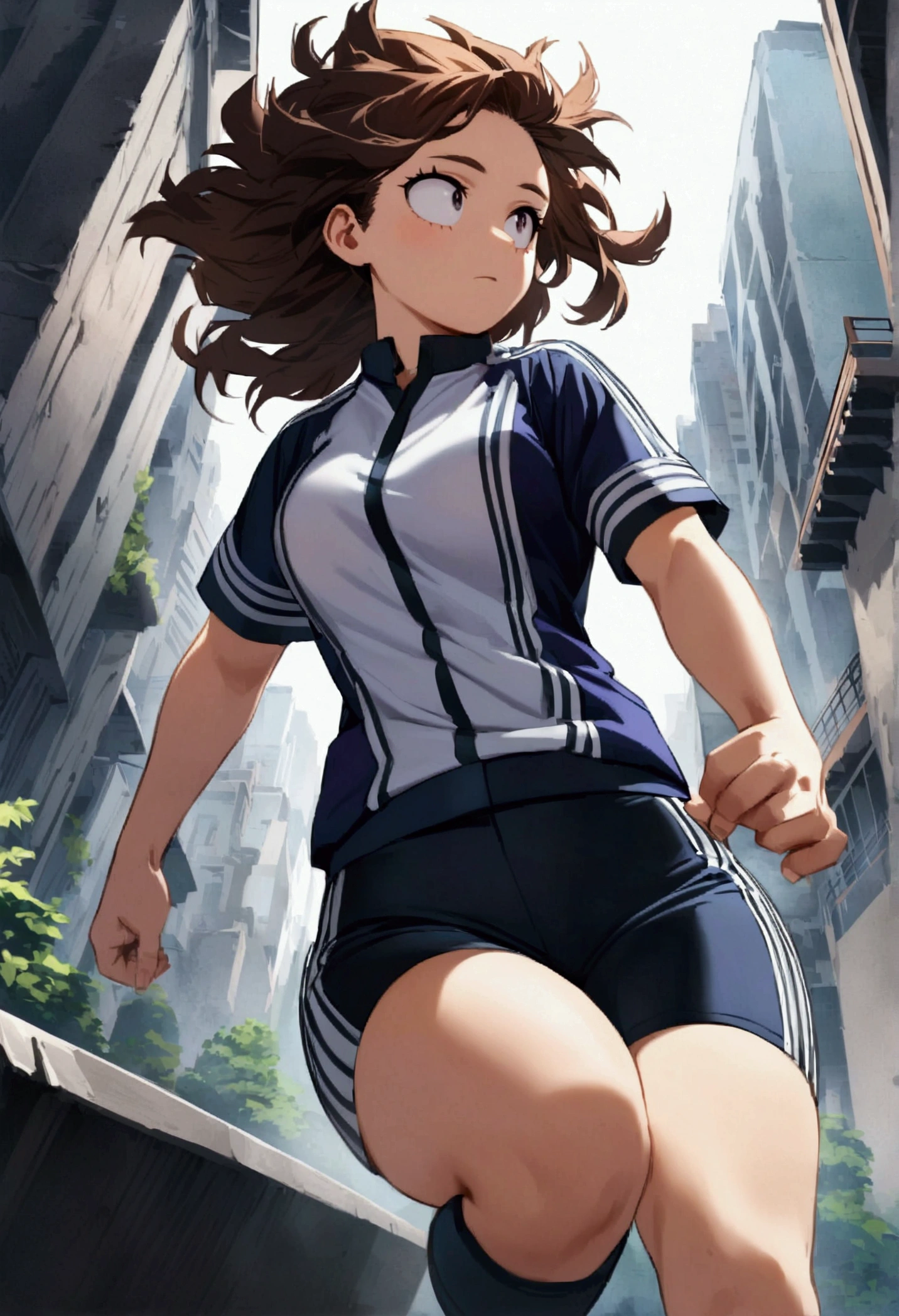 Create an image in the style of the anime boku no hero academia, A young girl with brown hair and short purple tips, purple and black eyes and the sports uniform of the anime academy Boku no Hero Academia
