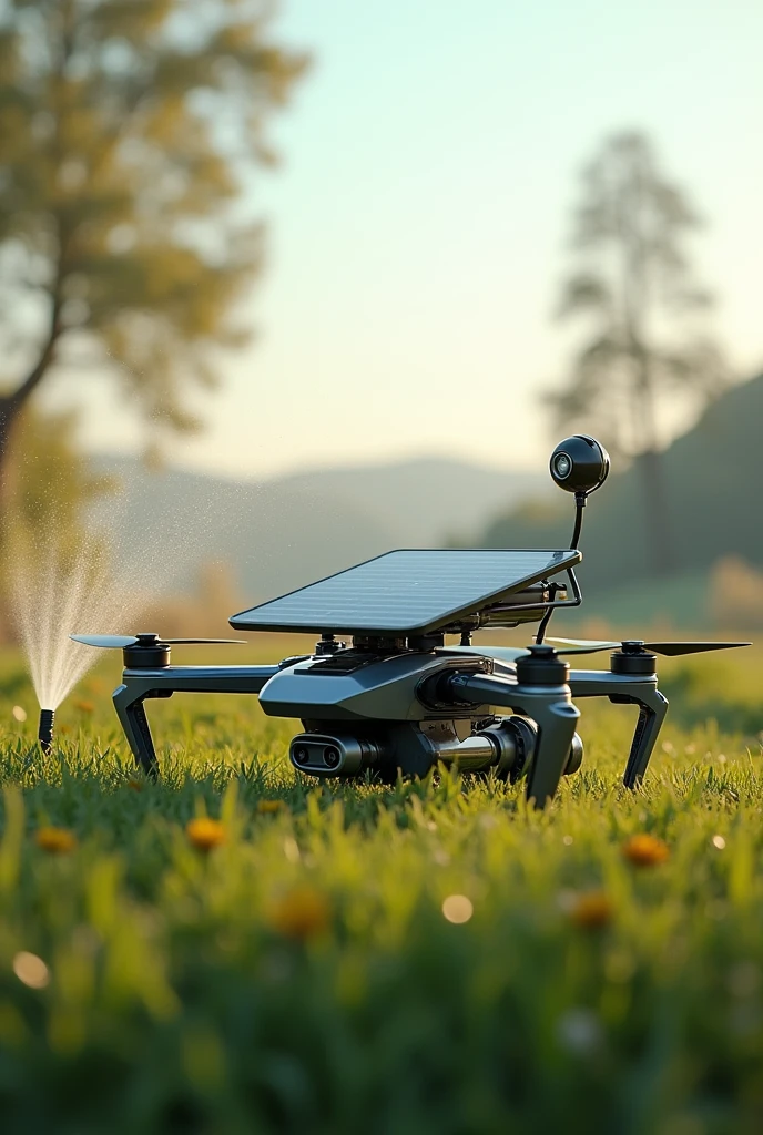 A drone with a solar on top, water sprinkler beside, wifi signal, and a water proof