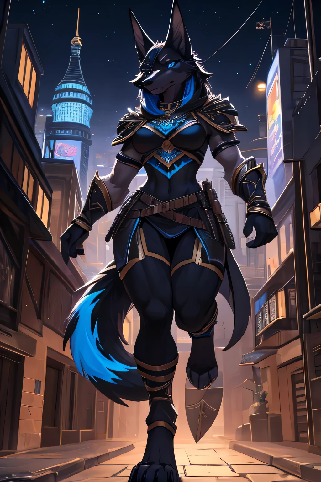 a furry drawing of a jackal woman jumping over a gap between buildings, ((background at night 1.2, dark background)), blue eyes, full body picture, digitigrade legs, black wolf paws, black wolf foot paws, wearing golden jackal armor with blue highlights, jackal warrior, attractive jackal girl, female anubis, ((Black Fur 1.5)), ((black hair with blue highlights 1.2)), ((Detailed eyes 1.2)), ((Detailed hands 1.5)), black muzzle, solo picture, alone, wolf tail, furry tail, jackal tail, anthropomorphic jackal ninja, furry fantasy art, anthromorphic jackal, jackal girl, female anthropomorphic wolf, anthropomorphic female jackal