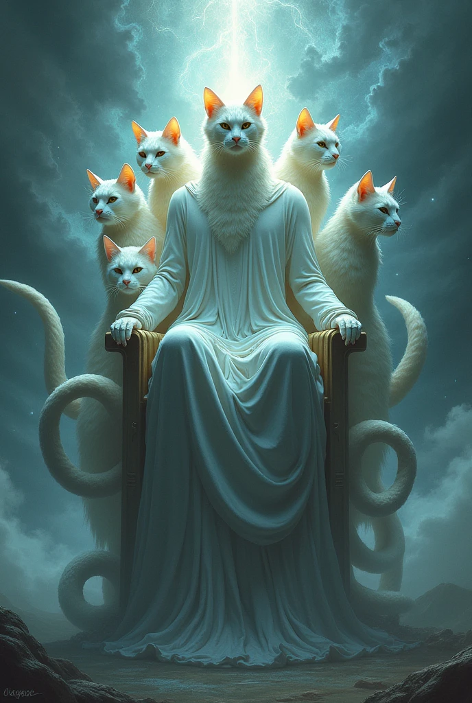 GOD, Cosmic, 2 cat heads, 8 throne tails, surreal, Undoing,