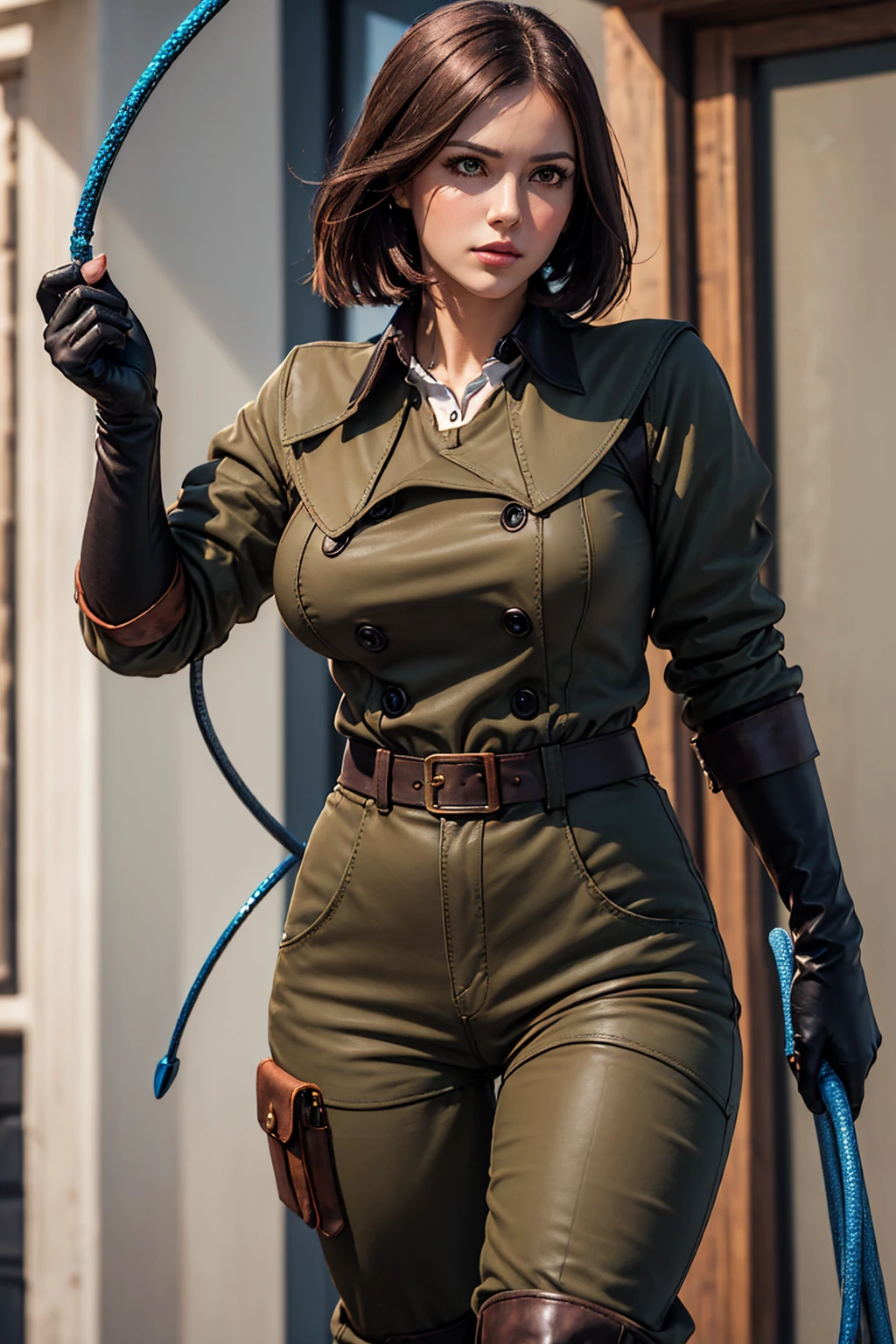 (Best image quality, highest quality, Highest Resolution, Ultra-Realistic Images, Very detailed, masterpiece, 8k), One Woman, Brown medium hair, Khaki military uniform, pants, Leather gloves, Leather boots, ((With a blue whip)), big Breasts, blush, serious look, Dynamic pose, Browsing Caution, half body, perfect face