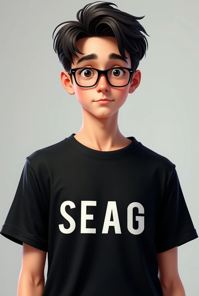 A handsome boy wearing glasses and black t-shirt written SEAG on it