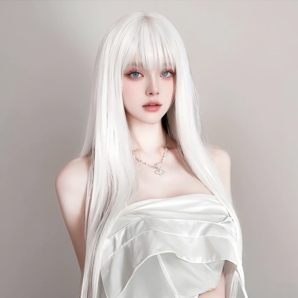  White long straight hair，Natural and beautiful，Solid color background