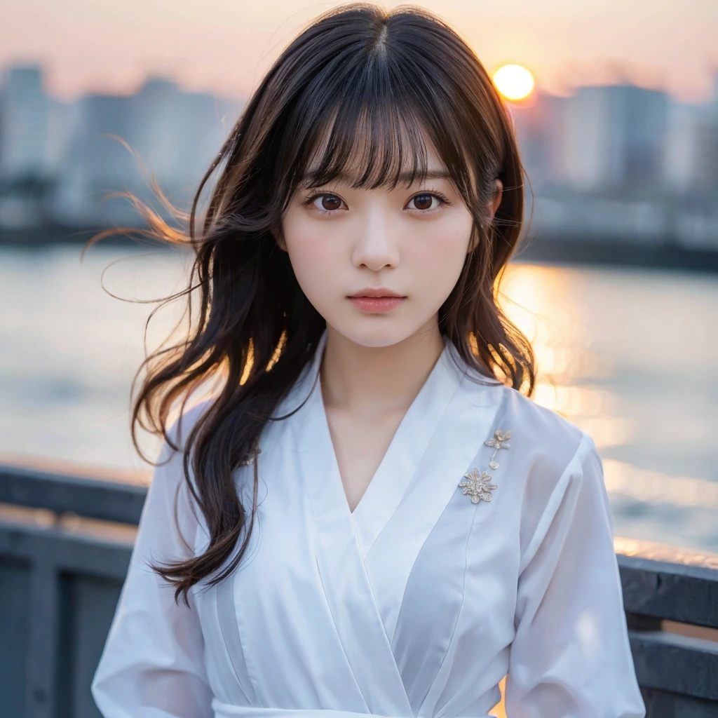 (Highest quality,masterpiece:1.3,Ultra-high resolution),(Very detailed,Caustics,8k),(Realistic:1.4,RAW shooting),18-year-old,Japanese,,Super detailed, Ultra-high resolution,超高精細8k,Highest quality,Very detailed,masterpiece,Realistic,Rich details,Photographic realism,1,Japanese cute日本の少女,Looking at the camera, Good figure,Rembrandt Lighting, (photoRealistic:1.2), (Highest quality), (Detailed skin:1.3), (Intricate details), Ray Tracing,One person, In detail,real,Scattered beneath the surface,(blush:0.5), Detailed skin texture,Detailed lips,Beautiful Lips, Detailed face、 cute, Black Hair, Long Hair, (Wavy Hair:1.2), (Blunt bangs:1.2),笑顔でLooking at the camera,Sailor suit,forward leaning posture,Waist up shot,(Face Focus:1.1),(Face close-up:1.1),Natural light,Front of face,Sunset