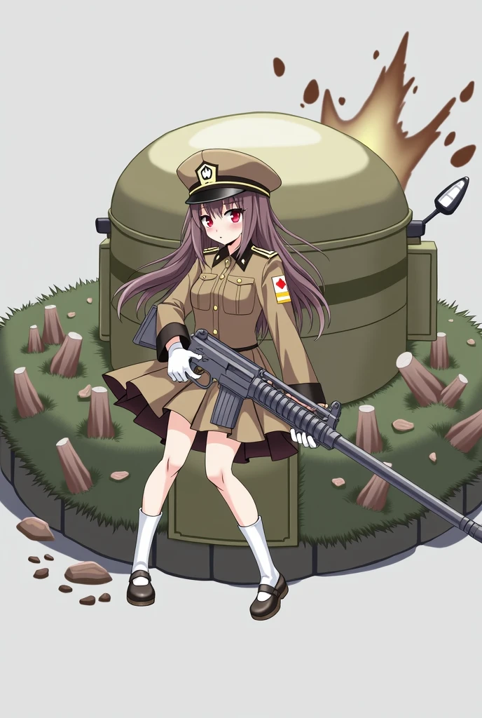 anime girl in uniform with a gun and a hat anime maid nazi ss military with rifle, 1girl, solo, blush, bangs, skirt, simple background, shirt, black hair, red eyes, gloves, long sleeves, hat, white background, holding, closed mouth, standing, jacket, full body, weapon, shoes, socks, white gloves, black footwear, holding weapon, uniform, gun, military, military uniform, white socks, holding gun, armband, rifle, brown skirt, brown jacket, military hat, brown headwear, assault rifle, brown shirt, anime style, from girls frontline, fine details. girls frontline, girls frontline universe, girls frontline style, girls frontline, girls frontline cg, soft anime illustration, 2 0 2 2 anime style, 2022 anime style, pixiv contest winner, pretty anime character design, render of april
