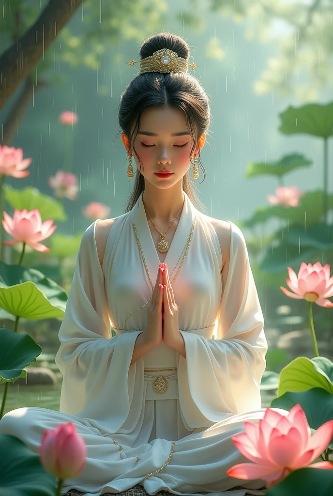 "A beautiful girl meditates in a serene garden, surrounded by blooming lotus flowers. She wears a pure white traditional dress, with delicate jewelry. The light gently filters through the small raindrops, creating a magical and tranquil atmosphere. The girl is focused, her hands clasped before her chest, her face serene and thoughtful."