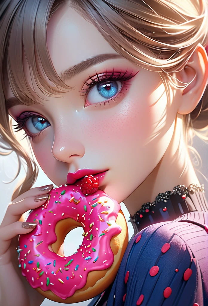 a stylish girl eating a donut, beautiful detailed eyes, beautiful detailed lips, extremely detailed face, long eyelashes, intricate donut texture, glossy donut surface, vibrant berry colors, natural lighting, photorealistic, 8k, (best quality:1.2), hyper detailed, (realistic:1.37), elegant, chic, modern, berry cute, studio lighting, cinematic