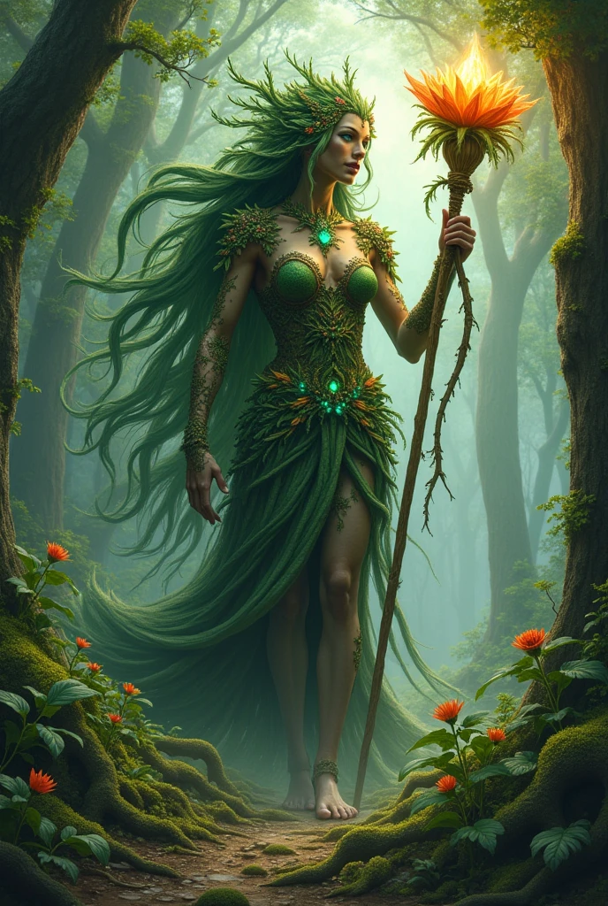 A colossal Wrarh, the goddess of the earth, emerging from the verdant depths of a primeval forest. Her form is a harmonious blend of ancient oak and vibrant flora, with bark-covered limbs entwined with ivy and moss, and eyes that gleam like polished emeralds. Her hair cascades down in a waterfall of vines, leaves, and flowers that quiver with the whispers of the earth. The ground beneath her trembles as she takes a mighty step forward, her foot sinking into the soil as it stirs to life. Trees bend in reverence, their branches extending to touch her as she passes, while a host of woodland creatures, both large and small, gather in her wake. The goddess holds aloft a staff of intricately carved wood, adorned with glowing crystals and topped with an elaborate blossom that seems to pulse with the rhythm of the planet's heartbeat. The atmosphere is charged with a sacred energy that causes the air to shimmer with a soft, ethereal light, revealing the spirits of the earth dancing in her shadow. The colors are rich and vivid, from the deep greens of the foliage to the fiery oranges and reds of the setting sun that kiss the horizon. The scene is a powerful testament to the beauty and might of nature, personified in the awe-inspiring figure of Wrarh, whose very presence seems to breathe life into the landscape around her.