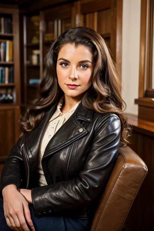 Medium view, of young aged, 30 year old, milf, jewish woman, face portrait, jewish features,long hair, brown hair, 1940s hair style, 1940s clothing, black 
leather jacket, in cozy fjord home 1936, sweaty