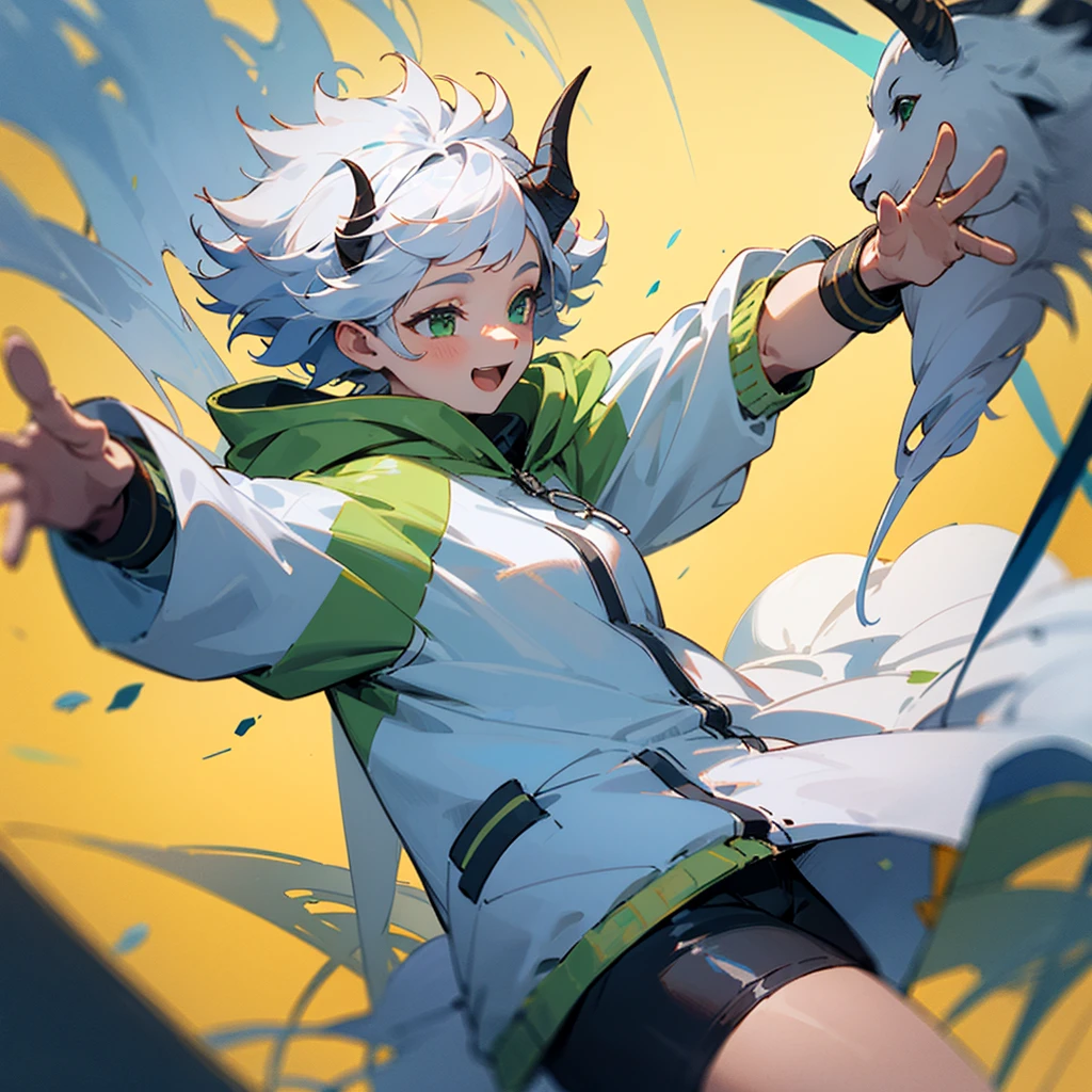 Very happy girl with her arms outstretched to the sides, with a green and white short hooded jacket, with goat horns and white afro hair, in 3/4 and front view 